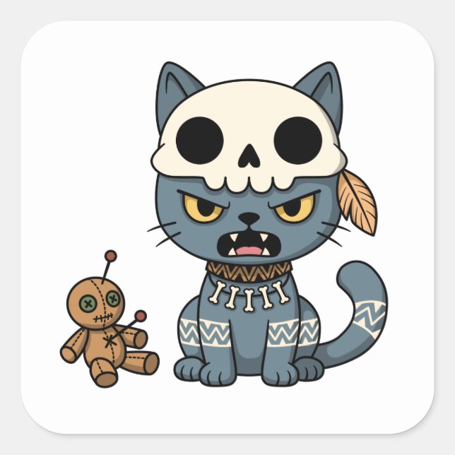 Pegatina Cuadrada Muñeca de Vudú de Gato Bruja (Anverso)