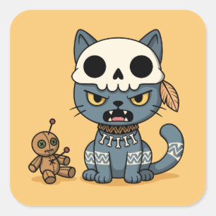 Pegatina Cuadrada Muñeca de Vudú de Gato Bruja sobre Amarillo