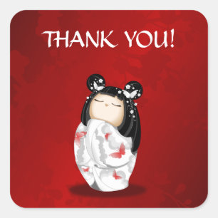 Pegatina Cuadrada Muñeca Kokeshi Rojo Negro Y Blanco Gracias
