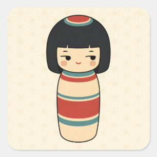 Pegatina Cuadrada Muñeca Kokeshi Sticker Cuadrado de Reojo
