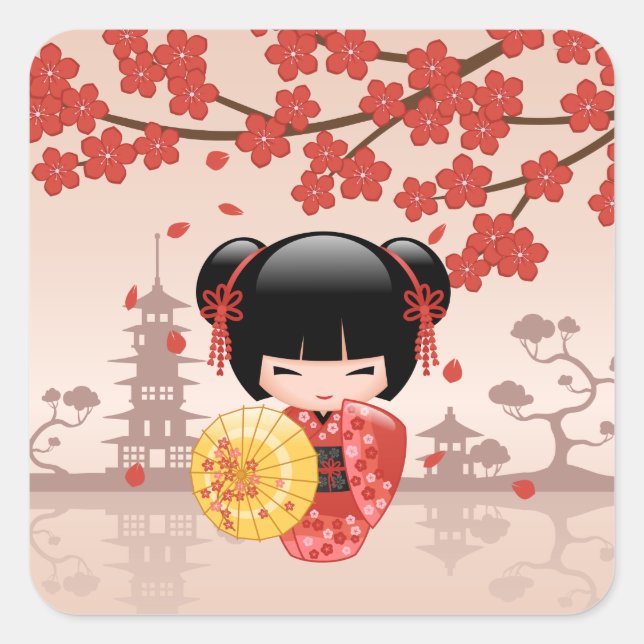 Pegatina Cuadrada Muñeca roja Sakura Kokeshi - Geisha japonesa (Anverso)
