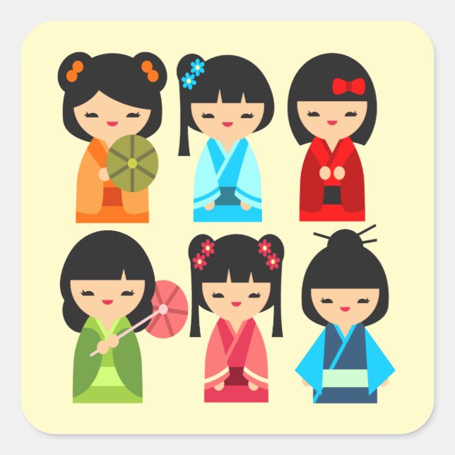 Pegatina Cuadrada Muñecas japonesas cute kokeshi (Anverso)