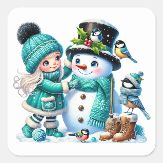 Pegatina Cuadrada Muñeco de nieve (Anverso)