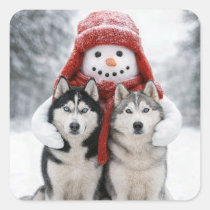 Pegatina Cuadrada Muñeco de nieve abrazando perros Siberian Husky