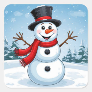 Pegatina Cuadrada Muñeco de Nieve Alegre Decoración Navideña Vacacio