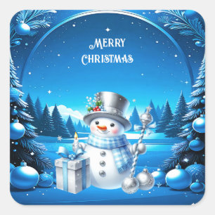 Pegatina Cuadrada Muñeco de Nieve Alegre en Stickers de Bosque Nevad
