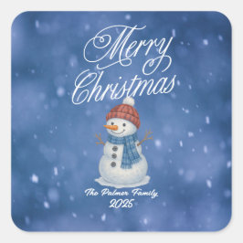 Pegatina Cuadrada Muñeco de Nieve Caprichoso Feliz Navidad