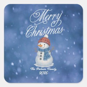 Pegatina Cuadrada Muñeco de Nieve Caprichoso Feliz Navidad