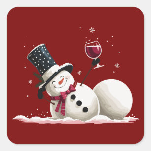 Pegatina Cuadrada Muñeco de nieve con regalo de Navidad de vino vaca