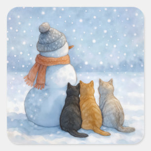 Pegatina Cuadrada Muñeco de nieve con tres gatos en un campo nevado