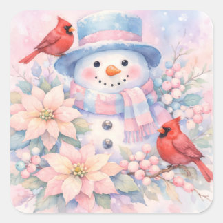 Pegatina Cuadrada Muñeco de nieve de acuarela pastel, flor de pascua