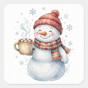 Pegatina Cuadrada Muñeco de Nieve de Chocolate Caliente Navideño Peg