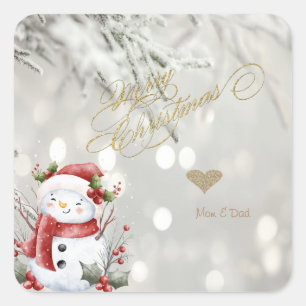 Pegatina Cuadrada Muñeco de nieve de corazón con brillo dorado elega