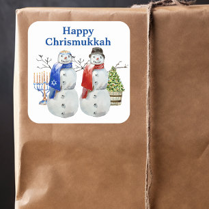 Pegatina Cuadrada Muñeco de nieve de Hanukkah Navidad Chrismukkah  