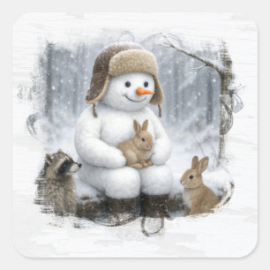 Pegatina Cuadrada Muñeco de nieve de Navidad con amigos en los bosqu