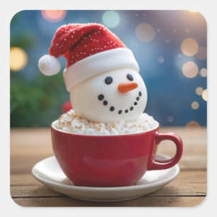 Pegatina Cuadrada Muñeco de Nieve de Navidad en Cacao Caliente