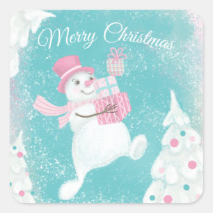 Pegatina Cuadrada Muñeco de nieve de Navidad lindo rosa y menta