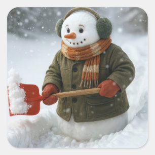 Pegatina Cuadrada Muñeco de nieve de Navidad paleando nieve