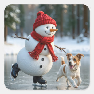 Pegatina Cuadrada Muñeco de nieve de Navidad patinando con perro