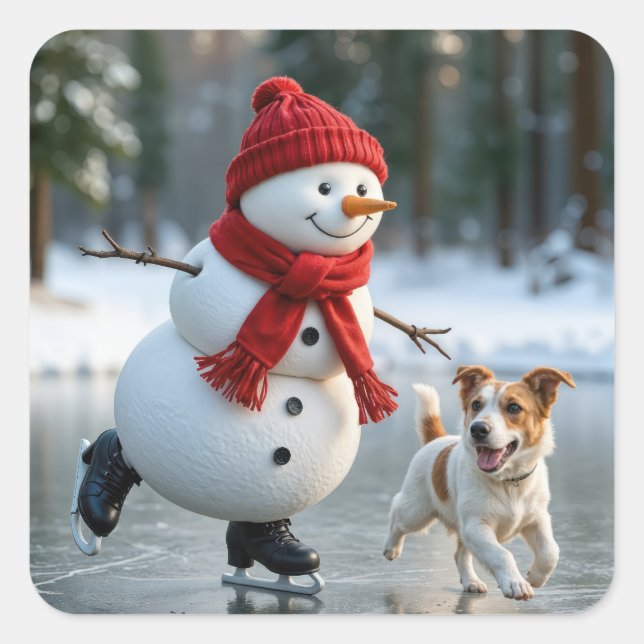 Pegatina Cuadrada Muñeco de nieve de Navidad patinando con perro (Anverso)