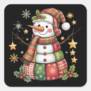 Pegatina Cuadrada Muñeco de nieve de patchwork retro Feliz Navidad C