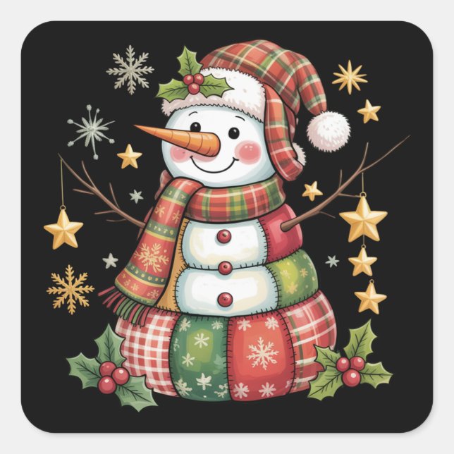 Pegatina Cuadrada Muñeco de nieve de patchwork retro Feliz Navidad C (Anverso)