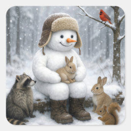 Pegatina Cuadrada Muñeco de nieve en bosques invernales con amigos a
