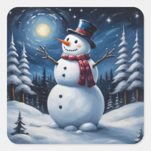 Pegatina Cuadrada Muñeco de nieve feliz navidad