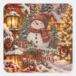 Pegatina Cuadrada Muñeco de Nieve Feliz Navidad