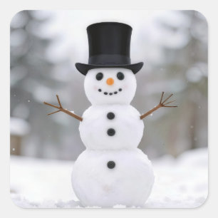 Pegatina Cuadrada Muñeco de nieve feliz que lleva un sombrero de cop