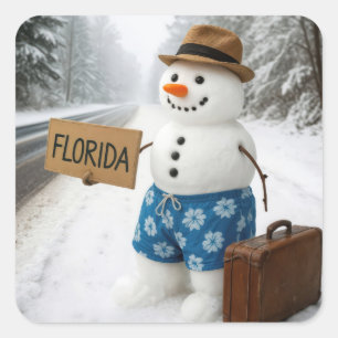 Pegatina Cuadrada Muñeco de nieve haciendo autostop hacia Florida