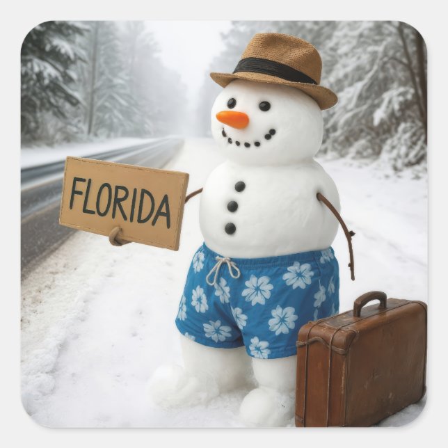 Pegatina Cuadrada Muñeco de nieve haciendo autostop hacia Florida (Anverso)