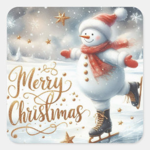 Pegatina Cuadrada Muñeco de Nieve Patinando Feliz Navidad
