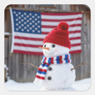 Pegatina Cuadrada Muñeco de nieve patriótico con bandera americana
