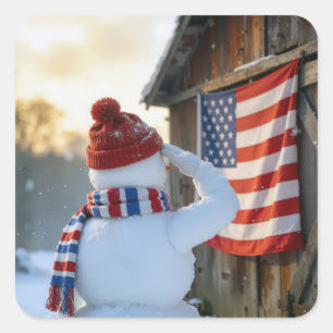 Pegatina Cuadrada Muñeco de nieve saludando una bandera estadouniden