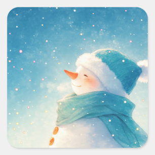 Pegatina Cuadrada Muñeco de Nieve Sonriente con Gorro y Bufanda Azul