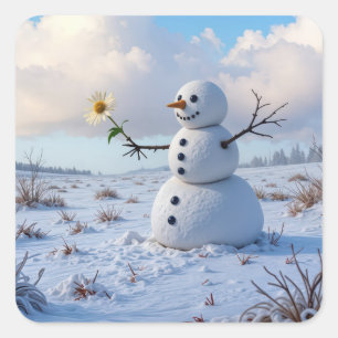 Pegatina Cuadrada Muñeco de nieve sosteniendo una margarita blanca