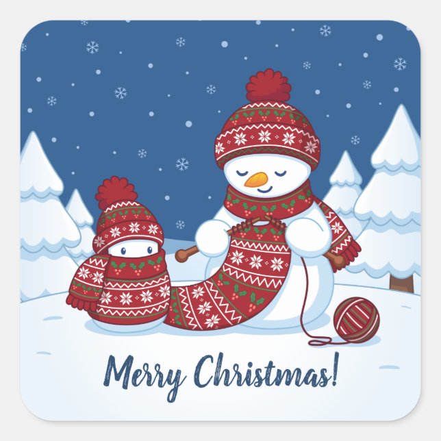 Pegatina Cuadrada Muñeco de nieve tejiendo bufanda de Navidad (Anverso)