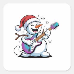 Pegatina Cuadrada Muñeco de nieve tocando guitarra eléctrica Rock Na