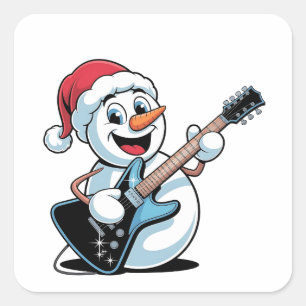 Pegatina Cuadrada Muñeco de nieve tocando guitarra eléctrica Santa N