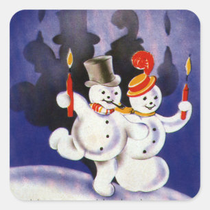 Pegatina Cuadrada Muñecos de nieve bailando con velas de Navidad vin