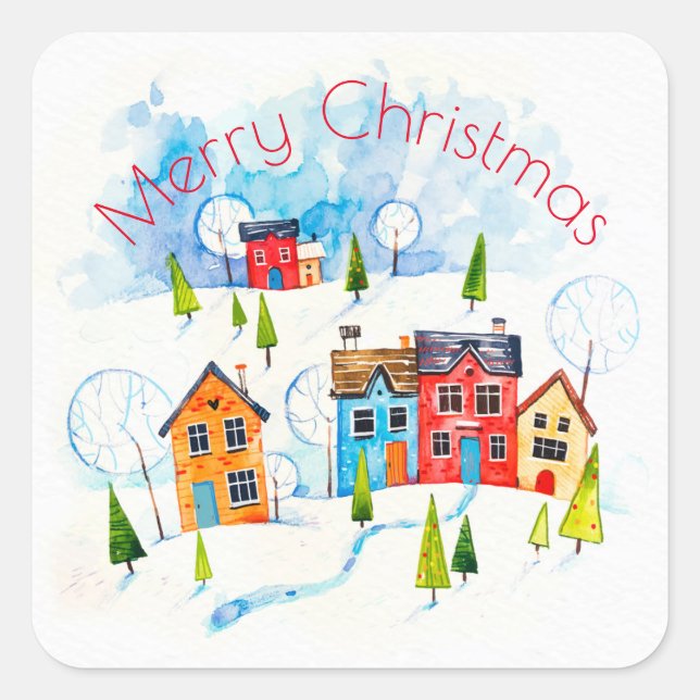 Pegatina Cuadrada Municipio de nevado con acuarela navideña (Anverso)