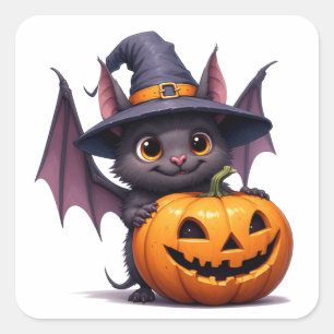 Pegatina Cuadrada Murciélago Cute de Halloween con sombrero de bruja
