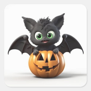 Pegatina Cuadrada Murciélago de halloween con calabaza