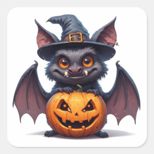 Pegatina Cuadrada Murciélago espeluznante de Halloween con sombrero 