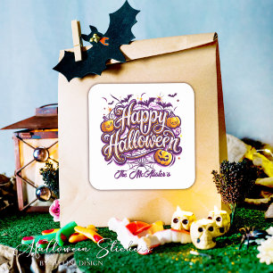 Pegatina Cuadrada Murciélagos Divertidos y Calabazas Feliz Halloween