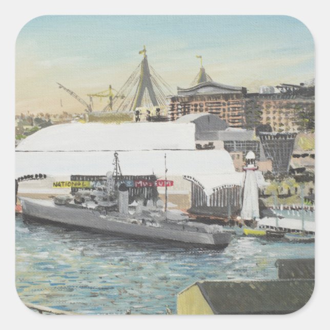 Pegatina Cuadrada Museo marítimo de Sydney del balcón del hotel. (Anverso)