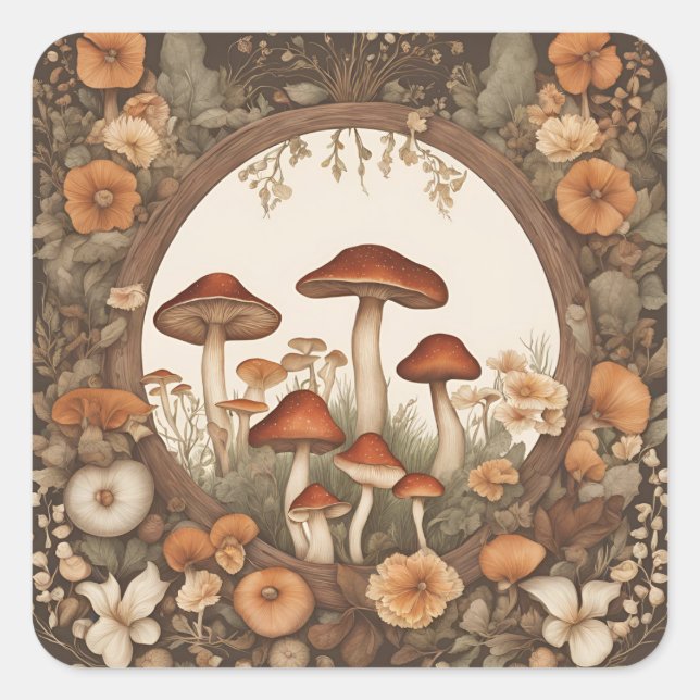 Pegatina Cuadrada Mushroom Cottagecore (Anverso)