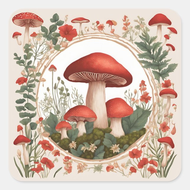 Pegatina Cuadrada Mushroom Cottagecore (Anverso)
