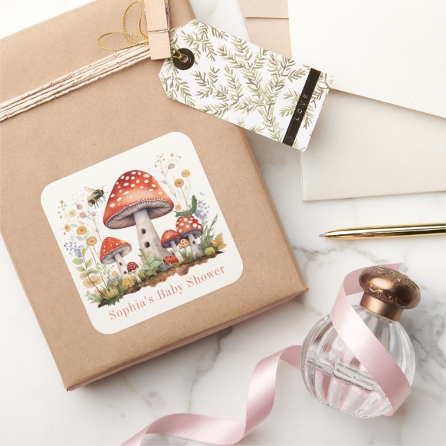 Pegatina Cuadrada Mushroom Floral Bee Worm Baby Shower (Regalar)